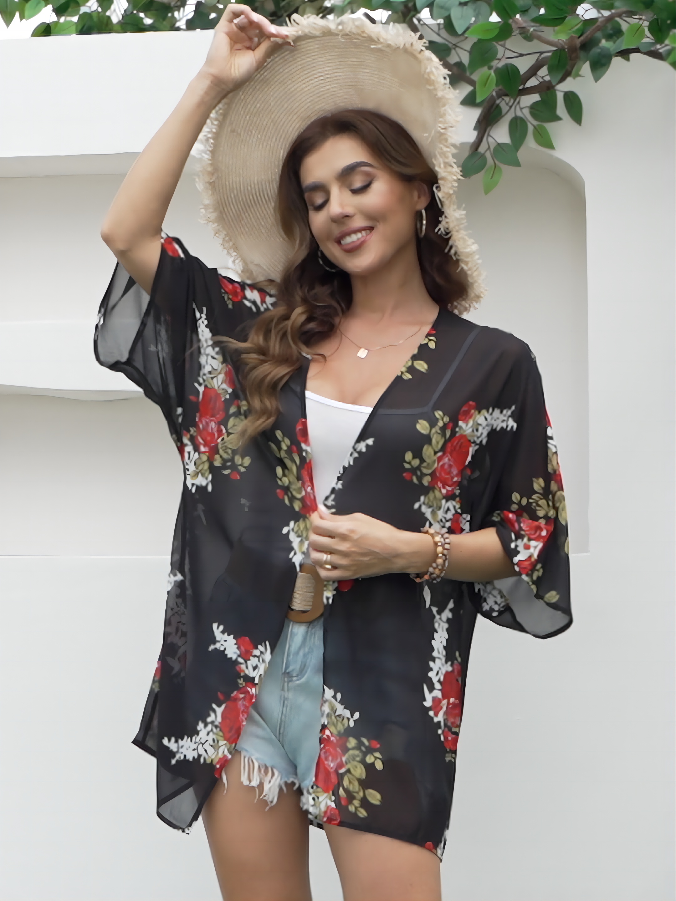 plus size floral print open front kimono casual 3 4 sleeve cover up kimono for spring summer womens plus size clothing details 4