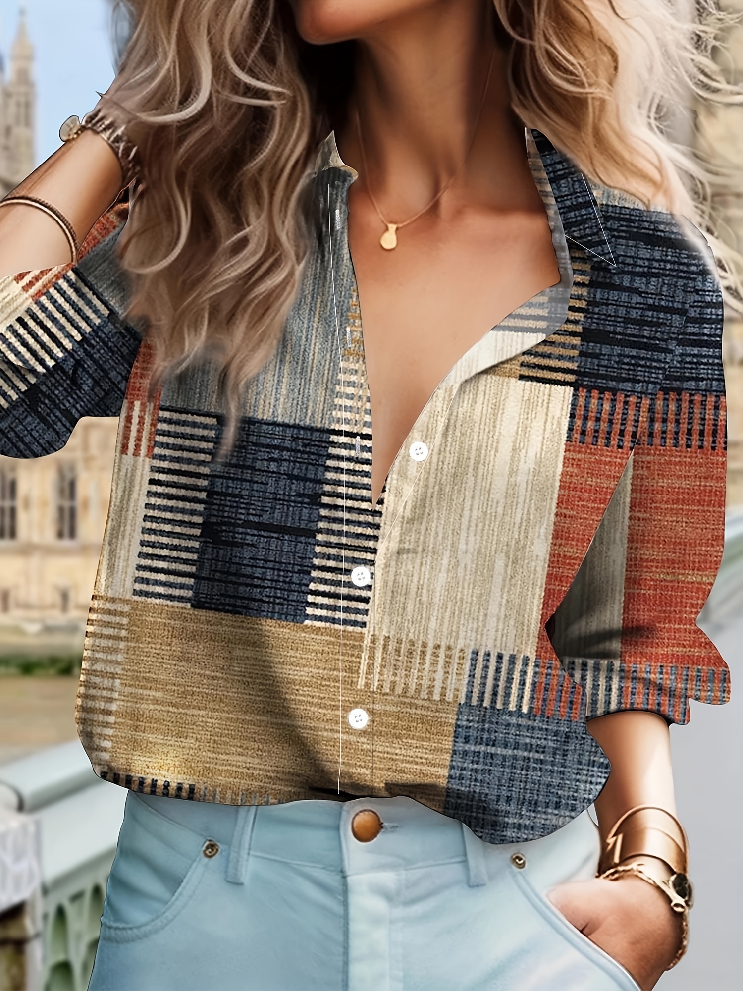 plus size casual blouse womens plus print long sleeve button up lapel collar shirt top details 1