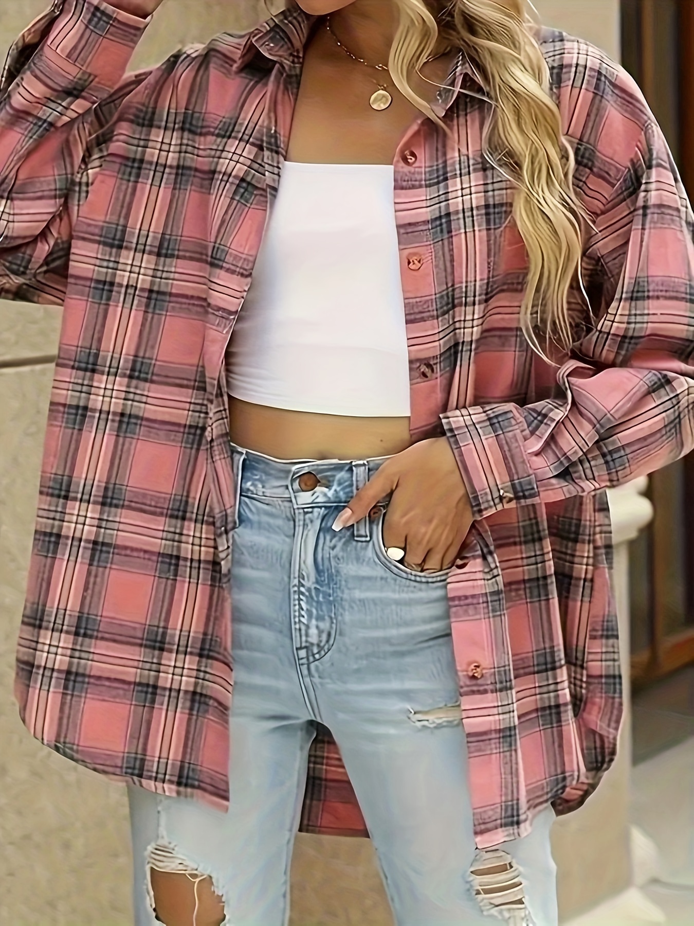 plus size plaid print shirt casual long sleeve collar button front shirt womens plus size clothing details 1