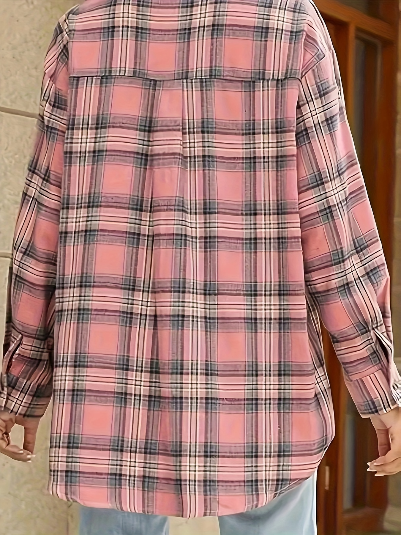 plus size plaid print shirt casual long sleeve collar button front shirt womens plus size clothing details 2