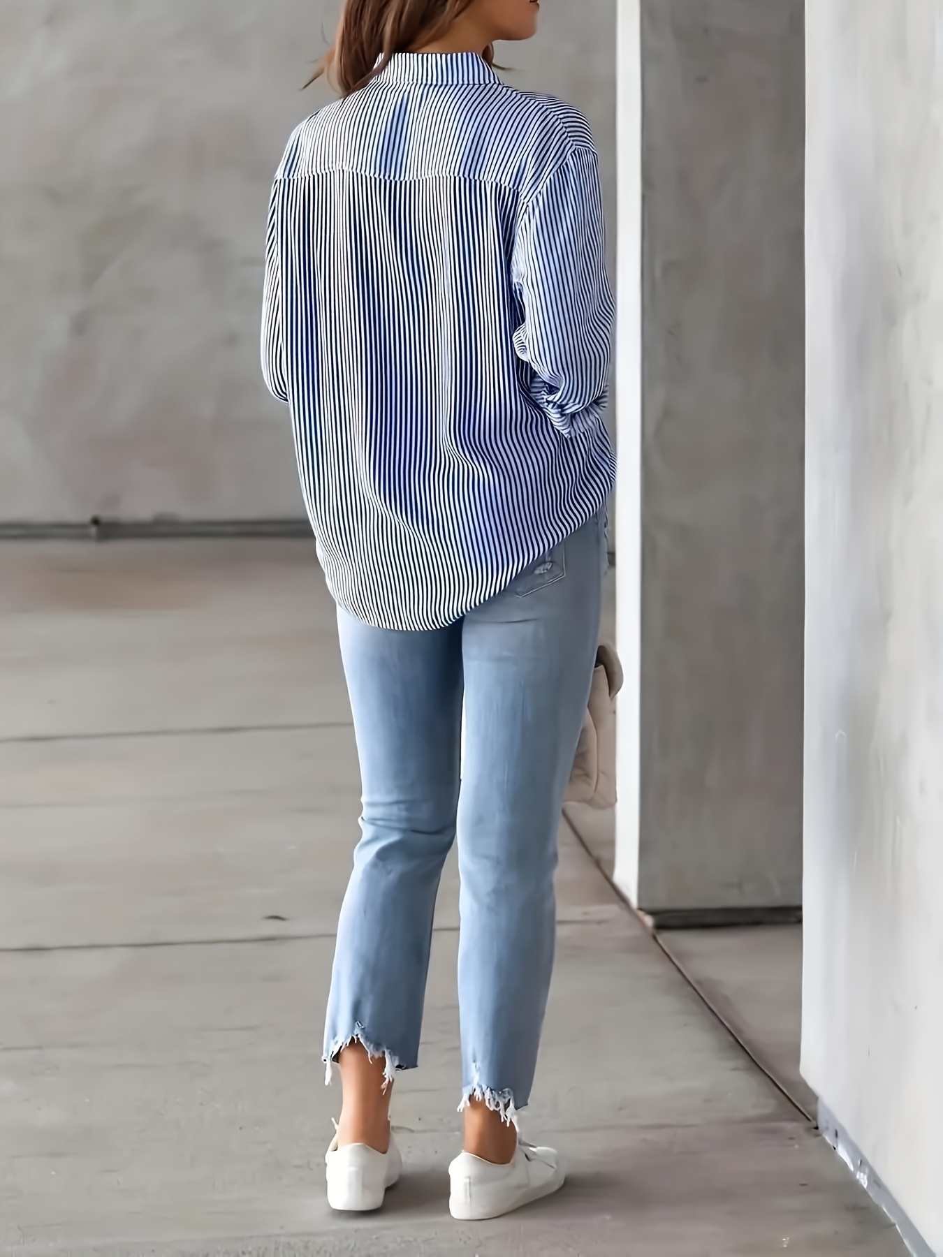 womens casual blouse plus size stripe print long sleeve button up lapel collar shirt top details 2