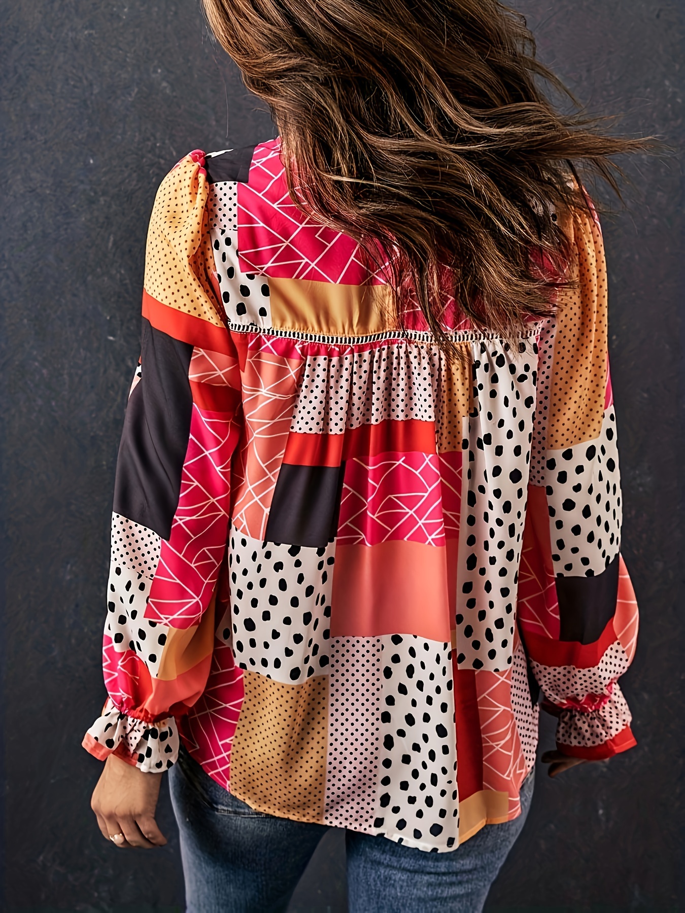 plus size print blouse casual crew neck flounce sleeve blouse womens plus size clothing details 1