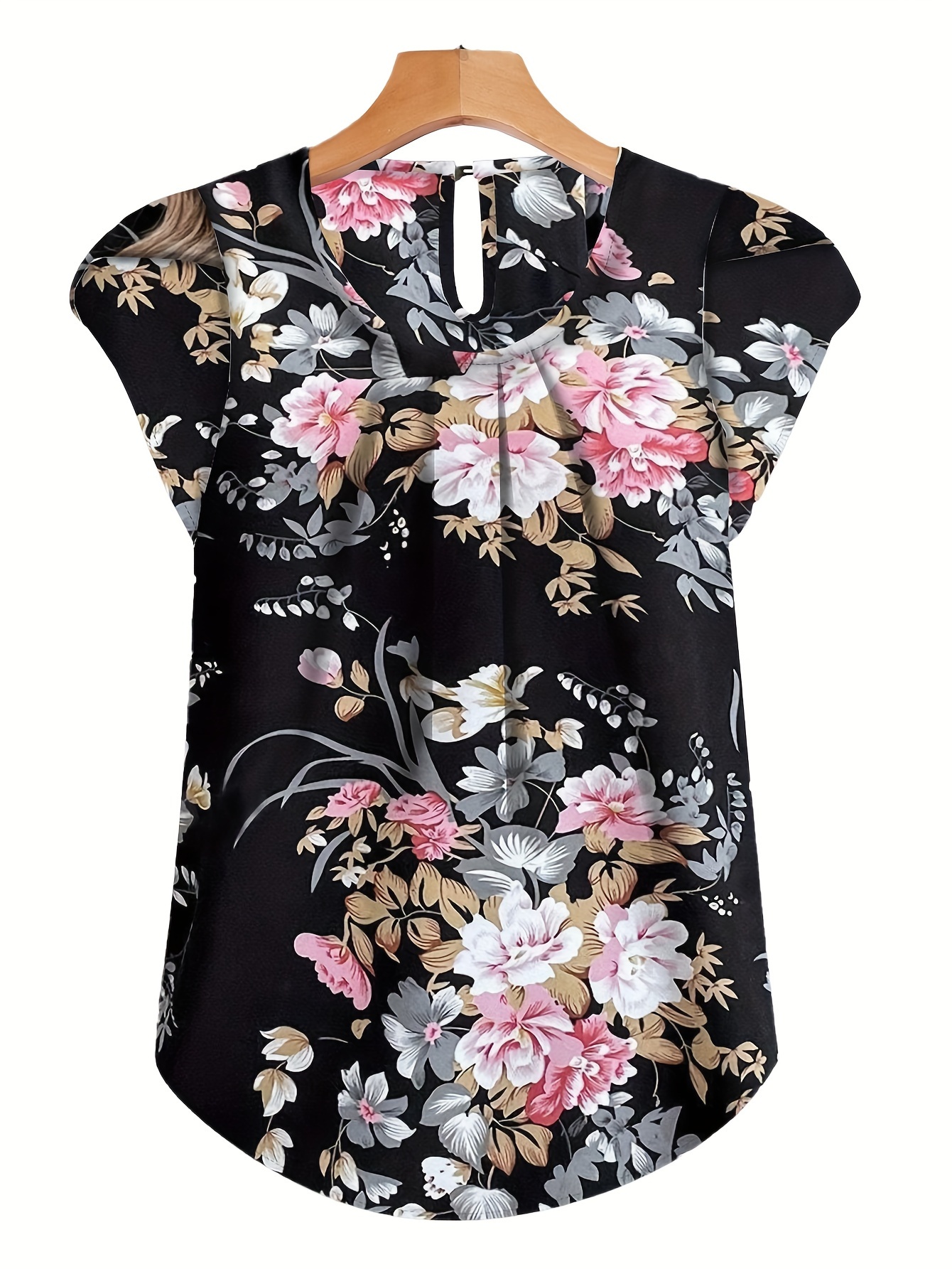 Plus Size Floral Print Blouse, Casual Ruched Crew Neck Cap Sleeve Blouse For Summer, Women s Plus Size Clothing details 0
