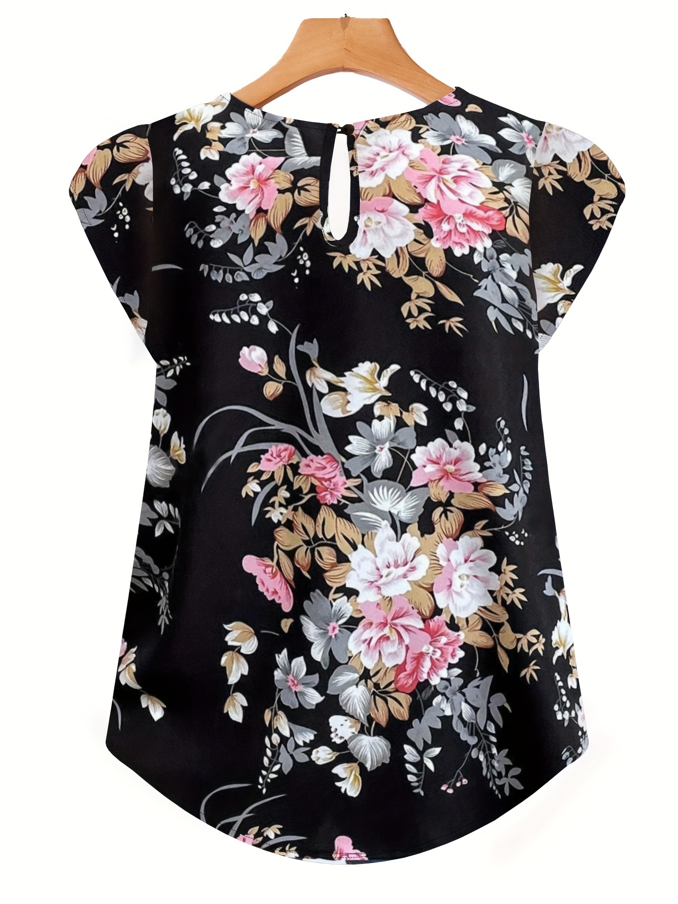 Plus Size Floral Print Blouse, Casual Ruched Crew Neck Cap Sleeve Blouse For Summer, Women s Plus Size Clothing details 1