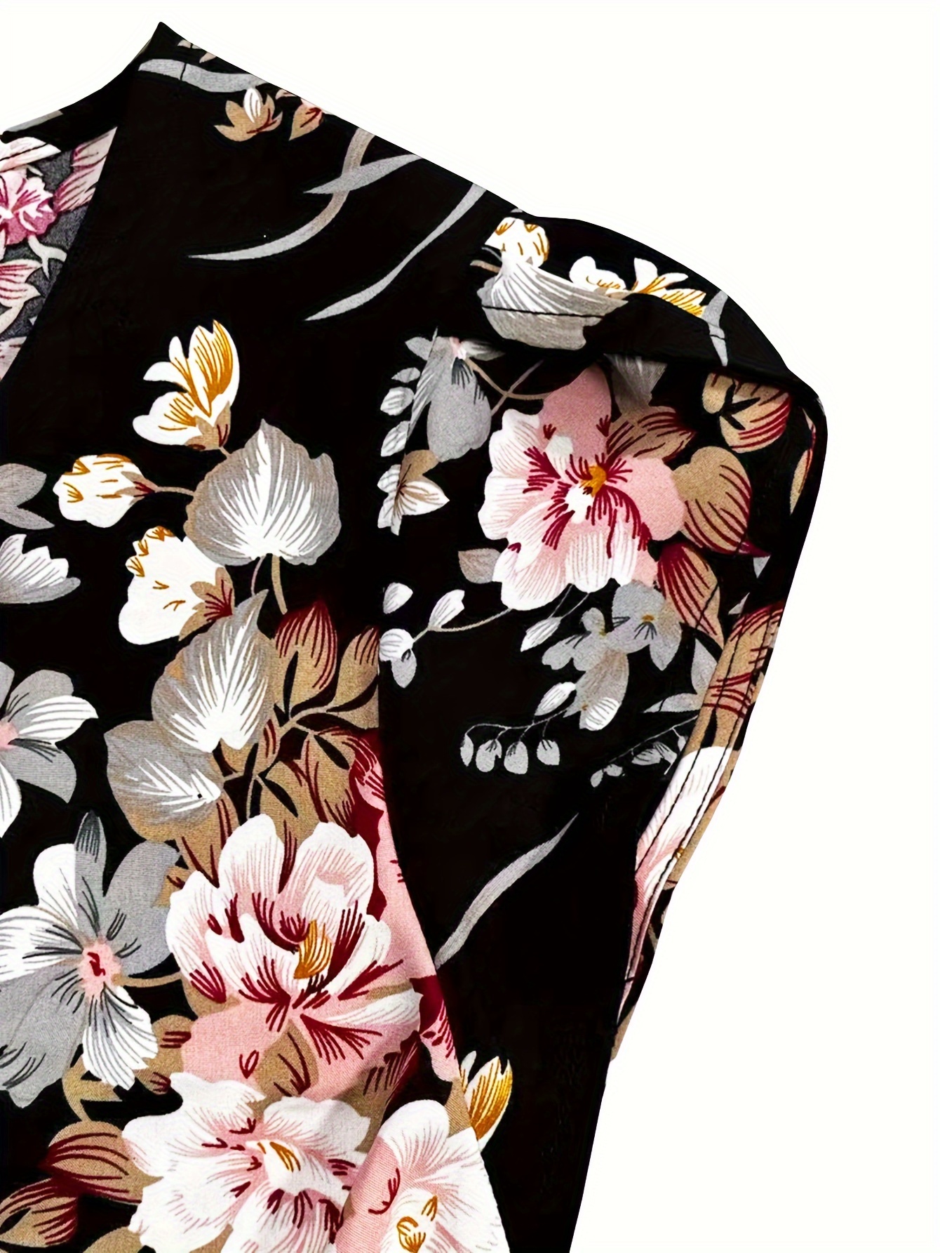Plus Size Floral Print Blouse, Casual Ruched Crew Neck Cap Sleeve Blouse For Summer, Women s Plus Size Clothing details 2