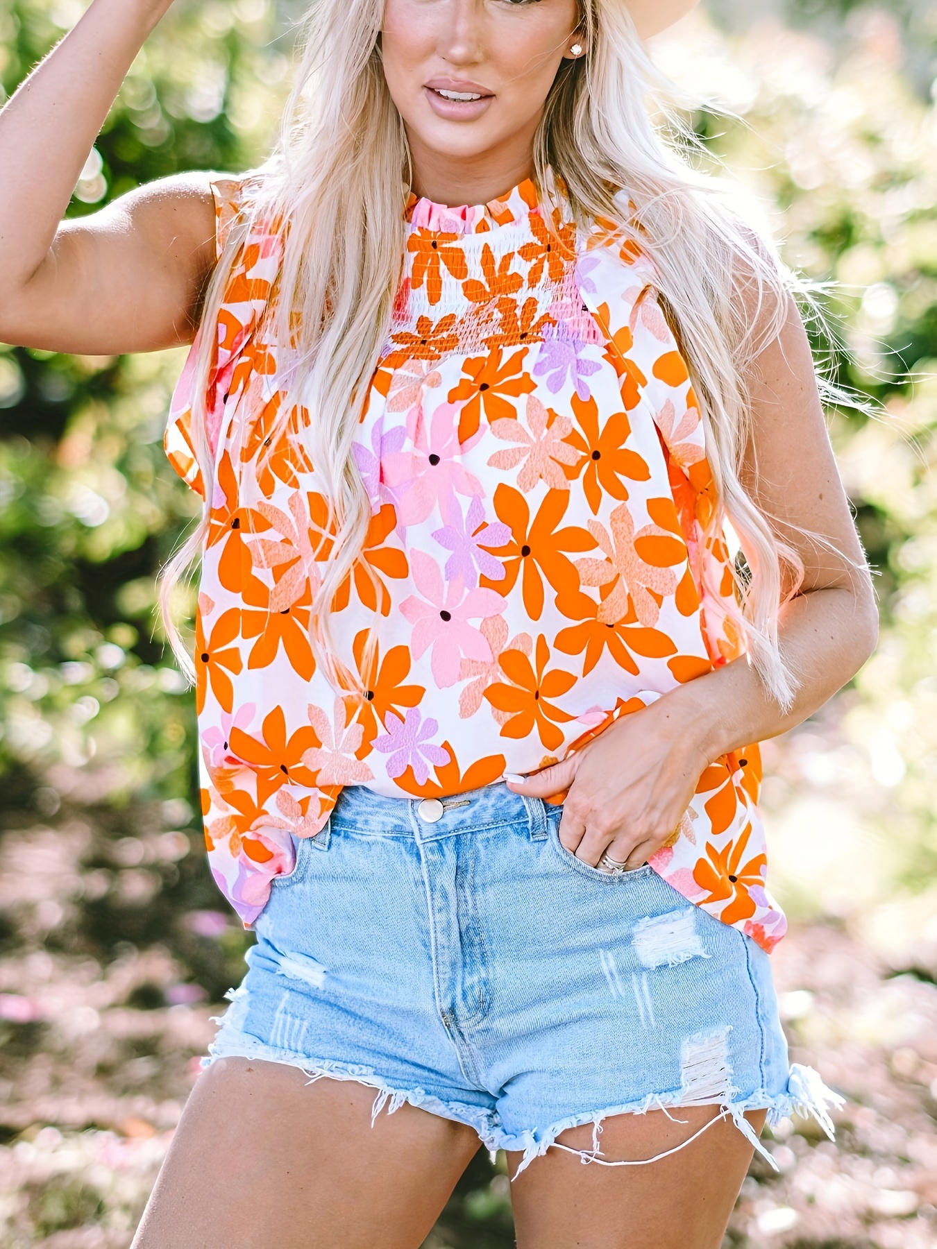 orange sleeve smocked floral top details 3