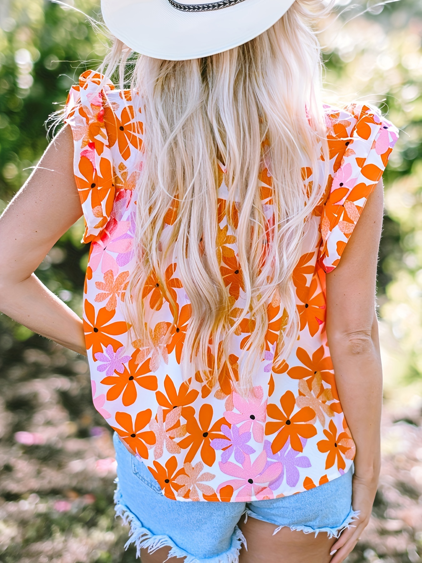 orange sleeve smocked floral top details 4